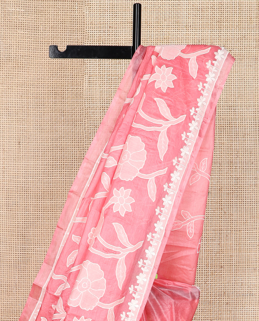 Pink floral vine design embroidered tussar saree, floral embroidered border