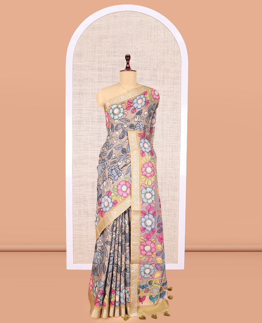 Pale Brown Kalamkari Printed Fancy Tussar Saree