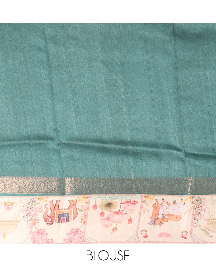 Multi-color geometric print & zari buttas tussar silk saree, contrast zari border with printed Pichwai cow, lotus & elephant motifs & zari pallu