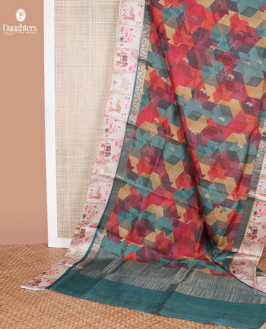 Multi-color geometric print & zari buttas tussar silk saree, contrast zari border with printed Pichwai cow, lotus & elephant motifs & zari pallu