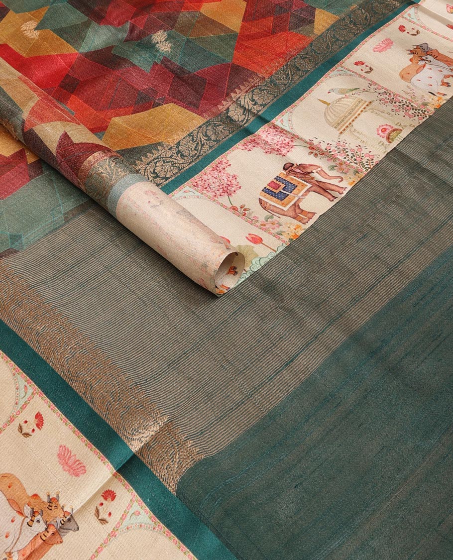Multi-color geometric print & zari buttas tussar silk saree, contrast zari border with printed Pichwai cow, lotus & elephant motifs & zari pallu