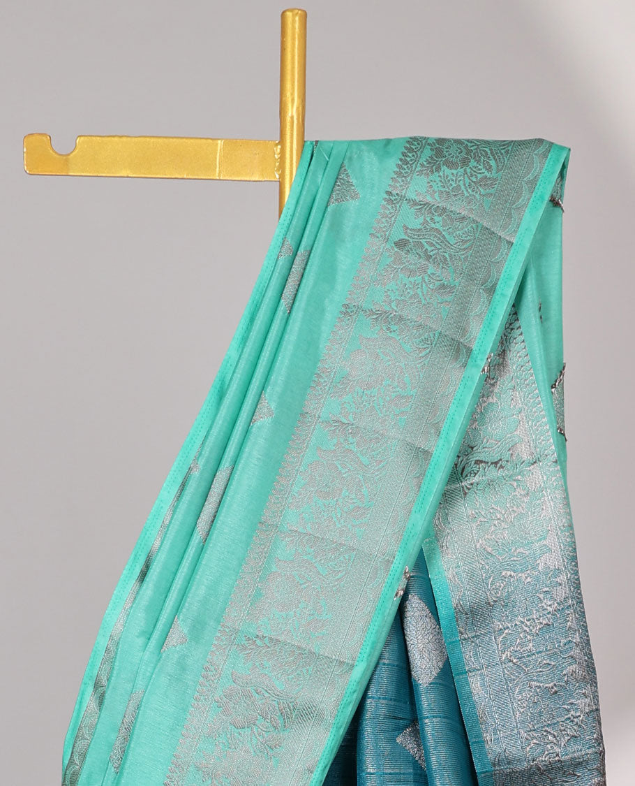 Green geometric motifs semi-banaras tussar saree with contrast intricate zari border & striped, geometric motifs pallu
