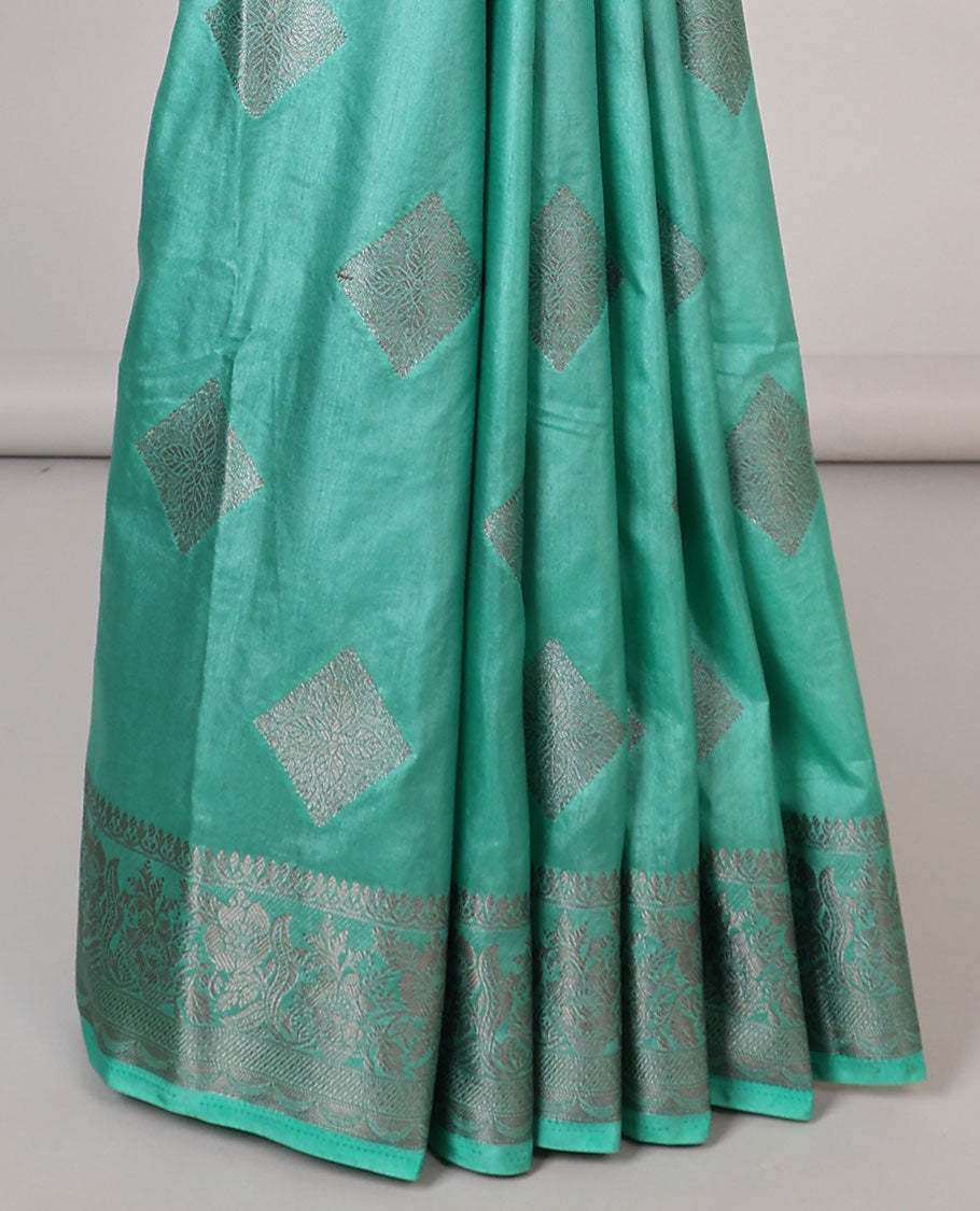 Green geometric motifs semi-banaras tussar saree with contrast intricate zari border & striped, geometric motifs pallu