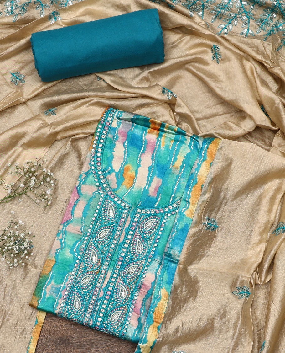Blue material chudidar set, abstract printed with neck embroidered top, plain bottom, and contrast embroidered motifs dupatta