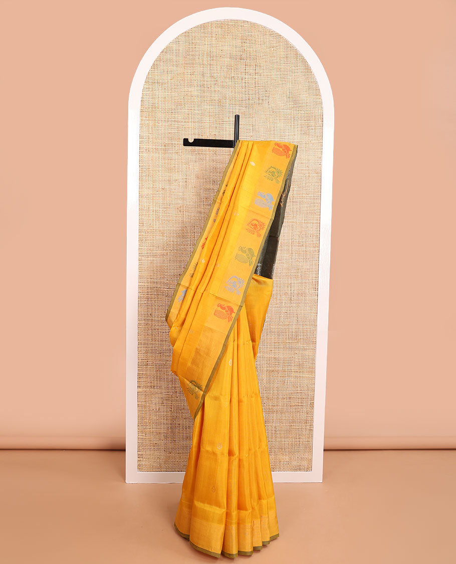 Orange floral buttas uppada saree with self animal design border & florl, peacock design pallu