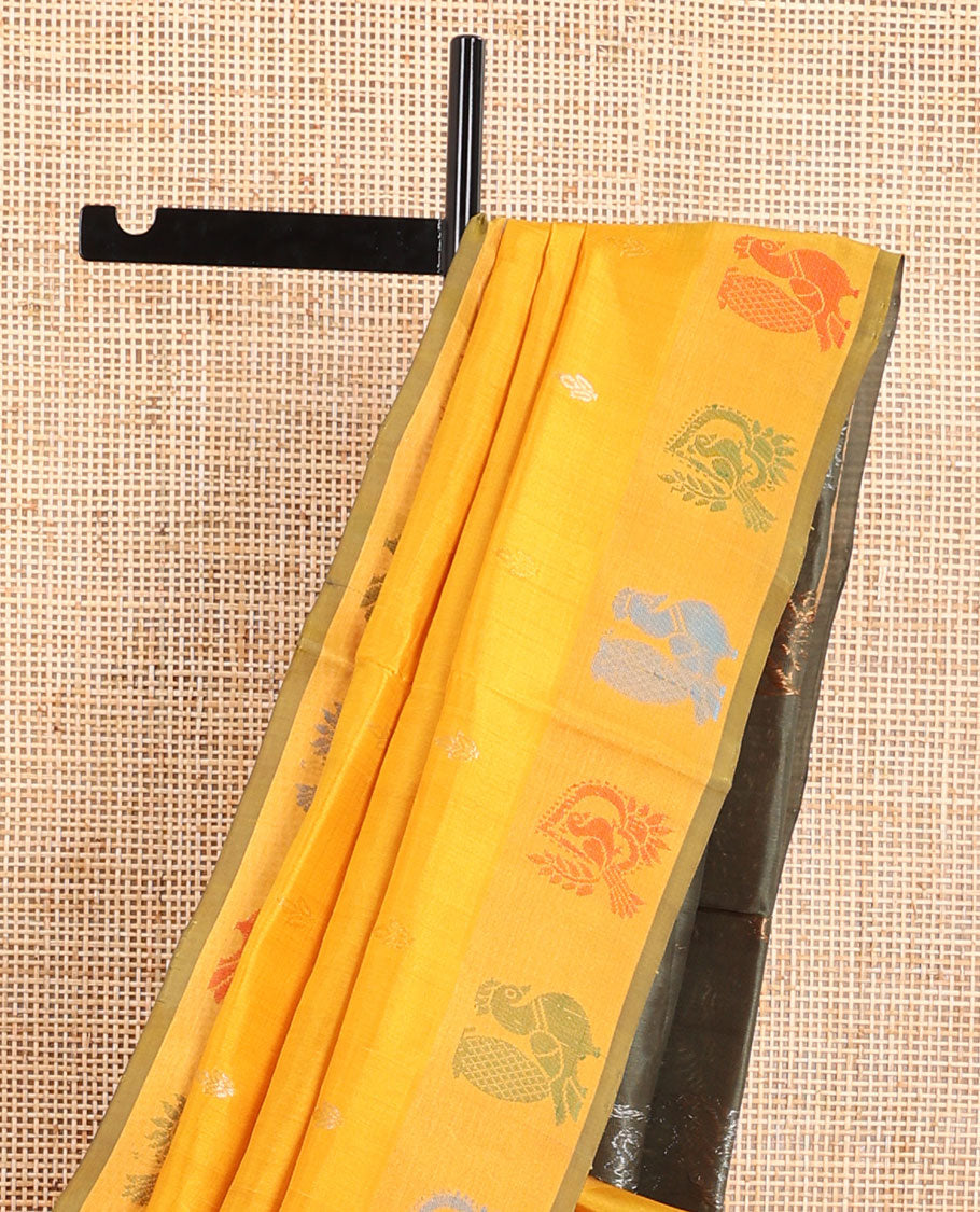 Orange floral buttas uppada saree with self animal design border & florl, peacock design pallu