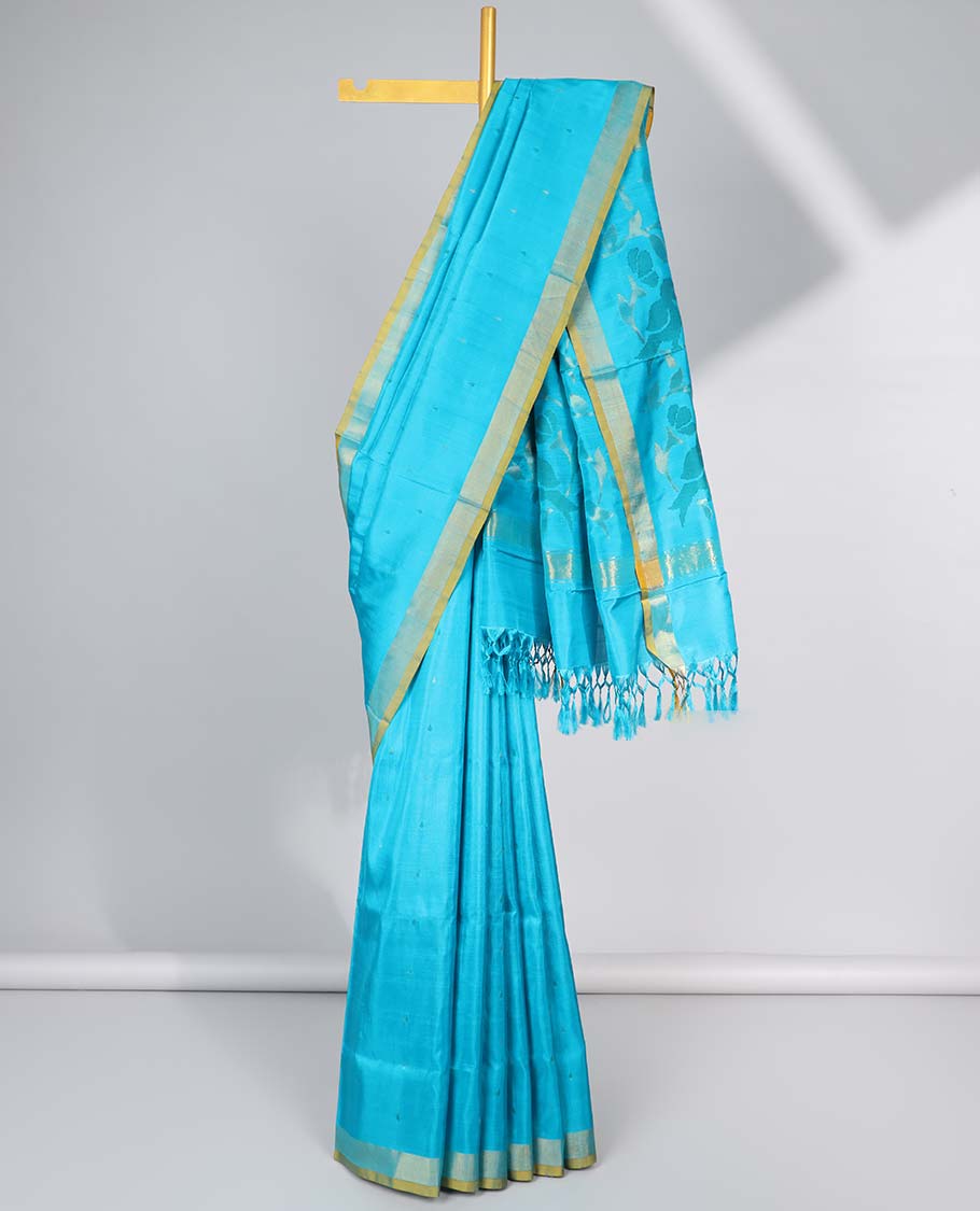 Blue motifs uppada silk saree with contrast zari border & floral design pallu