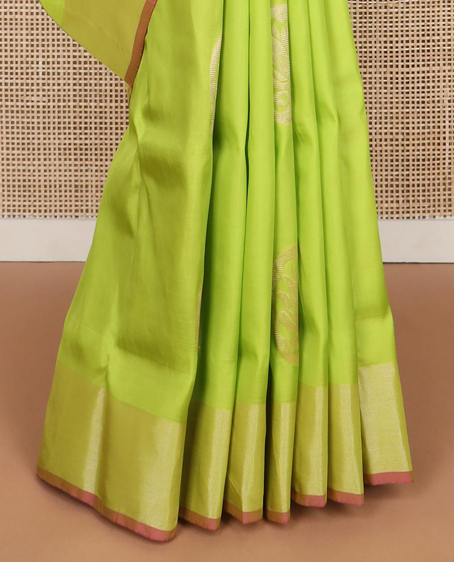Light green motifs uppada silk saree with self zari border & floral design pallu