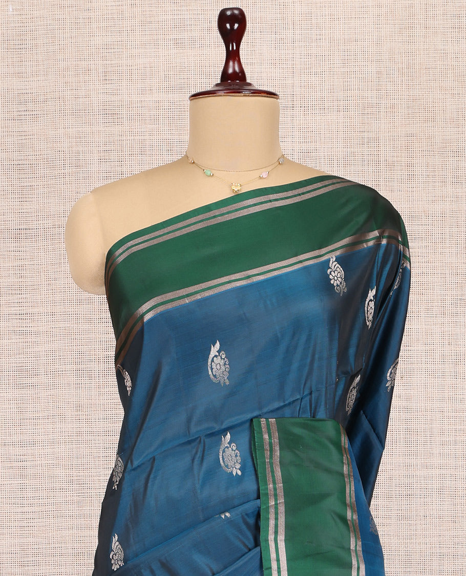 Blue Uppada Saree, Adorned with Zari Buttas, a Contrast Zari Striped Border, Grand Geometric Pallu, and a Contrast Blouse