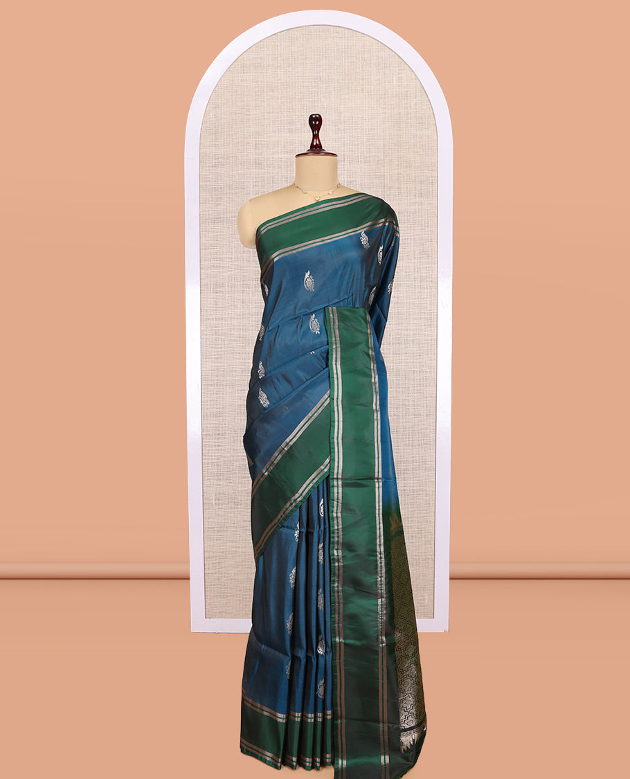Blue Uppada Saree, Adorned with Zari Buttas, a Contrast Zari Striped Border, Grand Geometric Pallu, and a Contrast Blouse