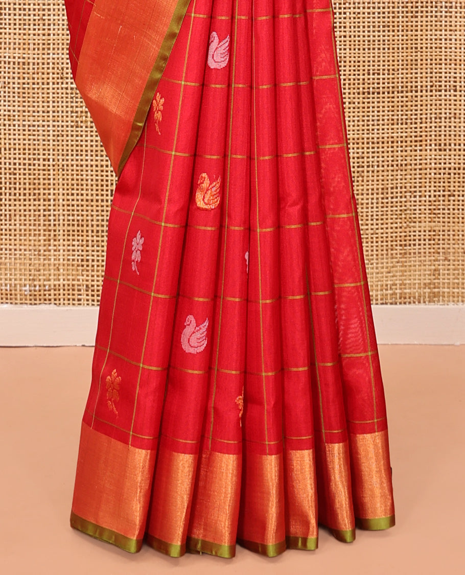 Red Uppada Silk Saree, Gleamed Up with Butta Enclosed Checks, a Contrast Zari Border, Pallu of Zari Designs, and a Contrast Blouse