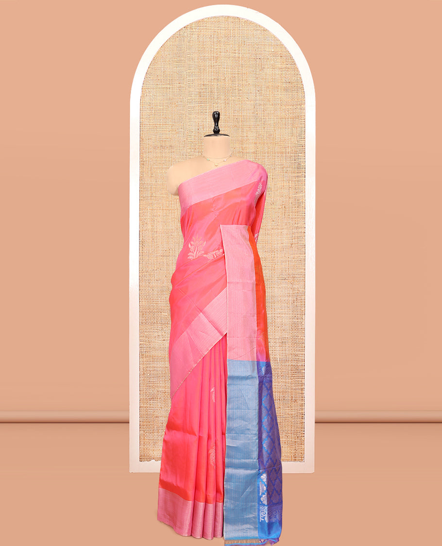 Pink Semi Uppada Saree, Accentuated with Floral-Themed Buttas, a Bavanji Border, Contrast Jaal Pallu, and a Contrast Blouse