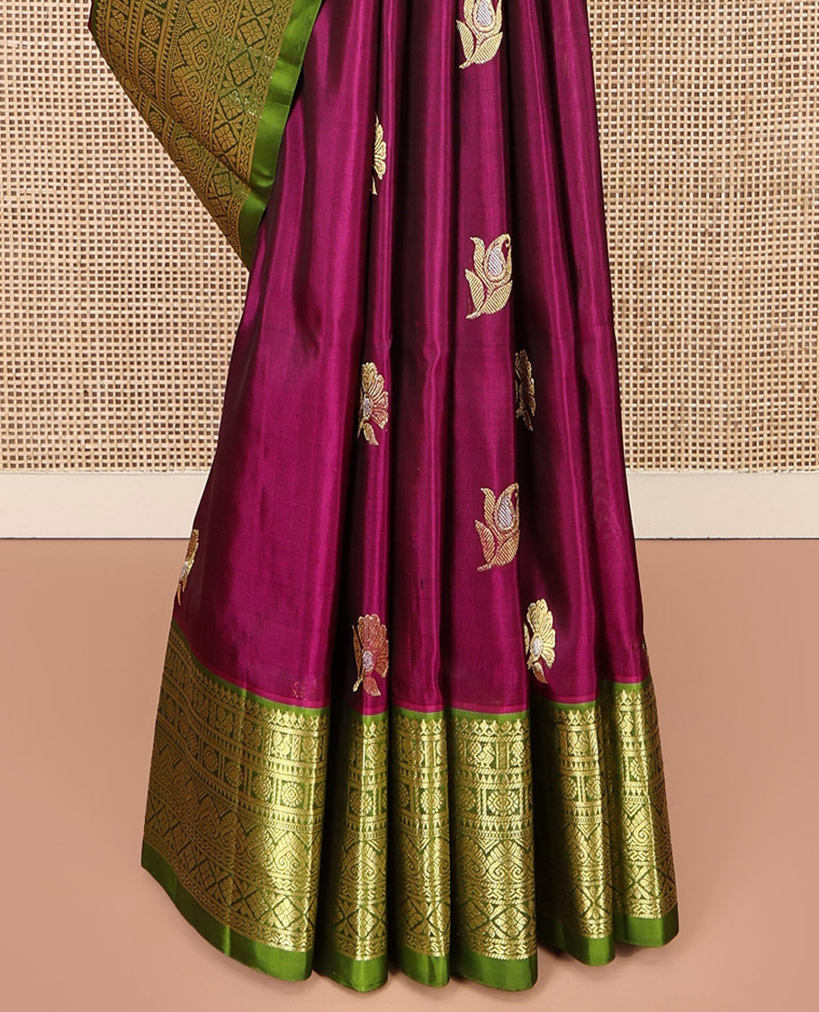 Purple Venkatagiri Silk Saree, Accentuated with Zari Buttas All Over Its Body, Complemented by a Contrast Traditional Zari Design Border, Pallu of Floral Designs, and Paired with a Contrast Blouse