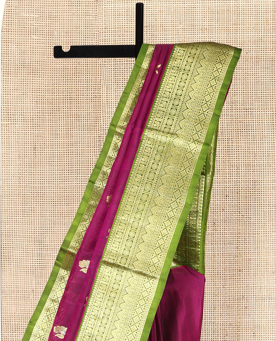Purple Venkatagiri Silk Saree, Accentuated with Zari Buttas All Over Its Body, Complemented by a Contrast Traditional Zari Design Border, Pallu of Floral Designs, and Paired with a Contrast Blouse