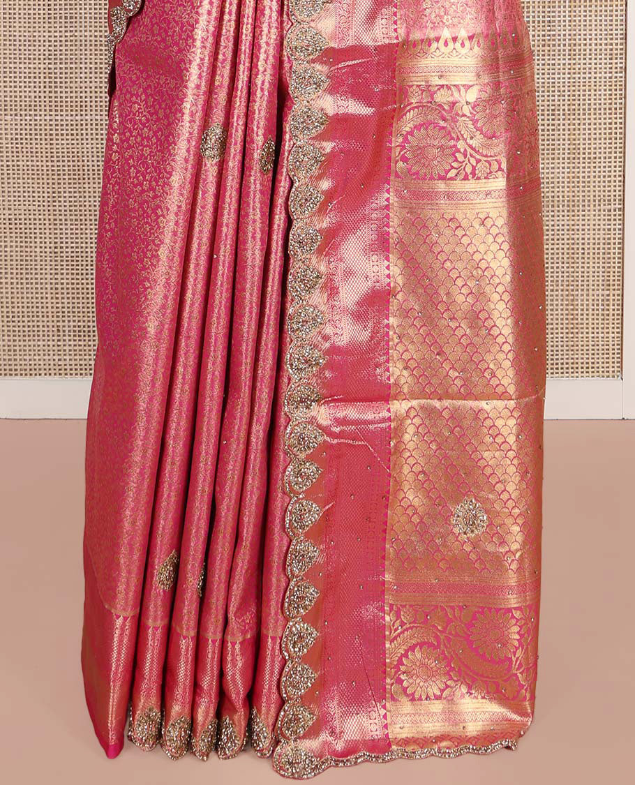 Pink Vastrakala Silk Saree, Enriched with Floral Jacquard and Patch Stone Work, Highlighted by Traditional Zari and Stone Scallop Border, Grand Scallop Design Stone Work Pallu, and Paired with Heavy Embroidered Blouse