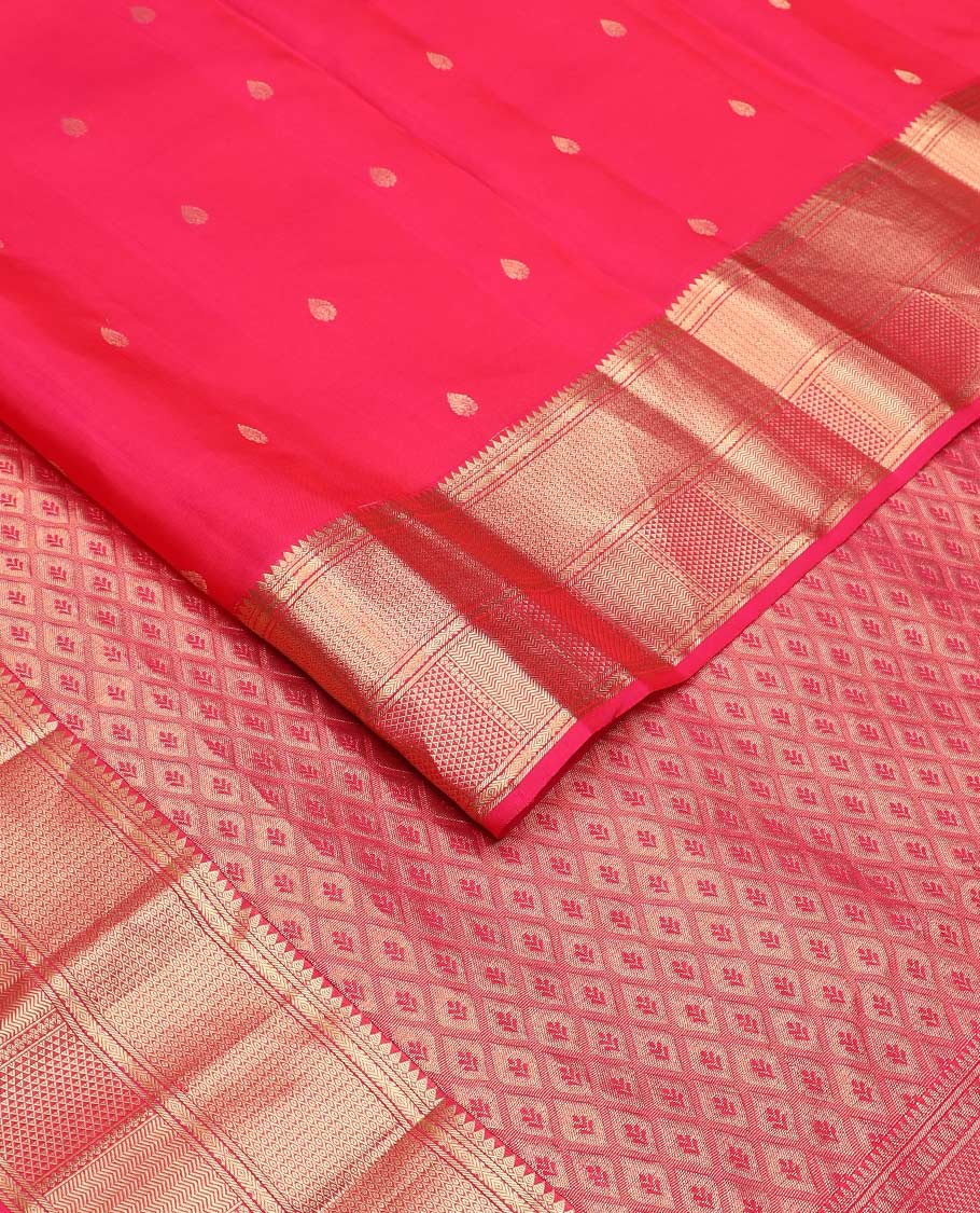 Pink zari buttas Vasundhara silk mix saree, zari border of thilakam mokku, banaras, then kuli kann, vanki, and ara maadam designs, and jaal pallu