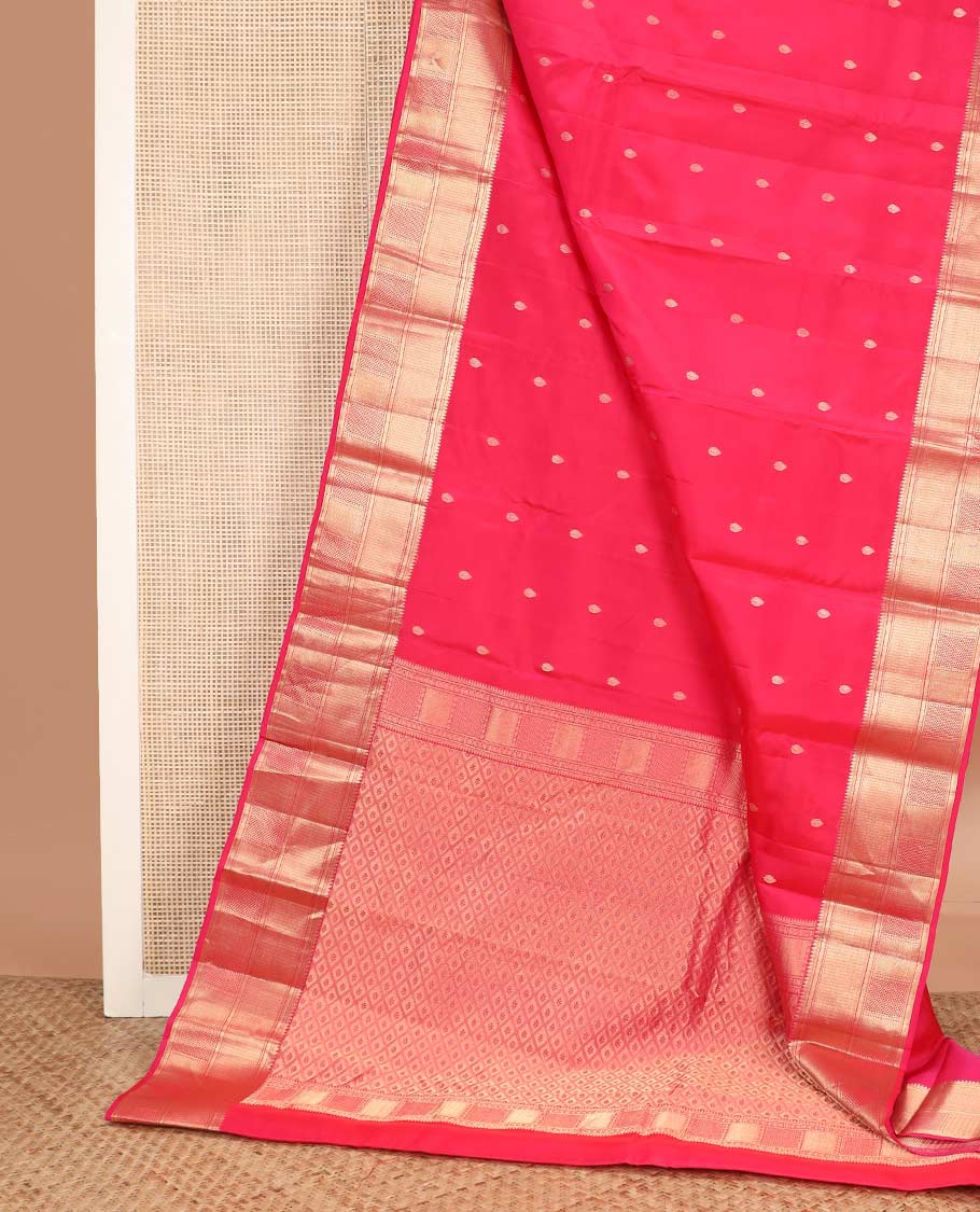 Pink zari buttas Vasundhara silk mix saree, zari border of thilakam mokku, banaras, then kuli kann, vanki, and ara maadam designs, and jaal pallu