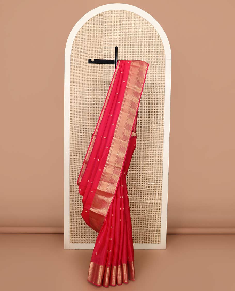 Pink zari buttas Vasundhara silk mix saree, zari border of thilakam mokku, banaras, then kuli kann, vanki, and ara maadam designs, and jaal pallu