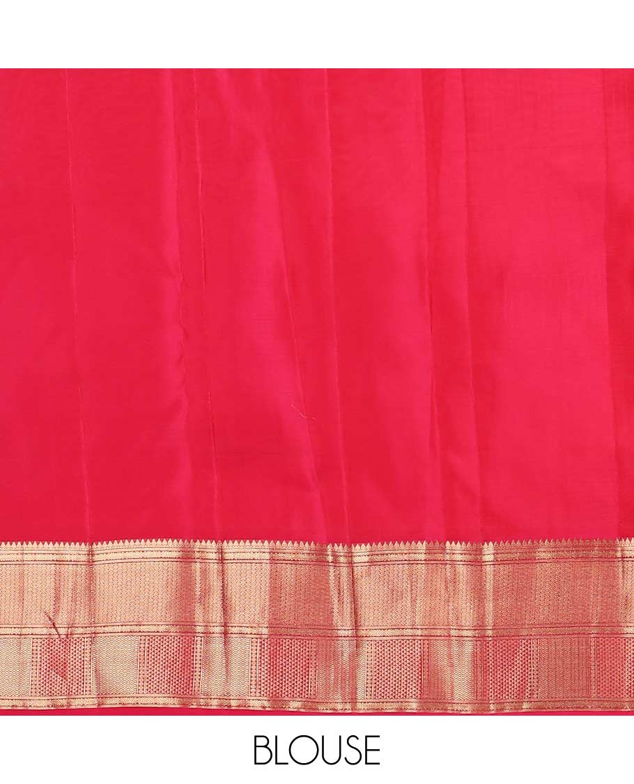 Pink zari buttas Vasundhara silk mix saree, zari border of thilakam mokku, banaras, then kuli kann, vanki, and ara maadam designs, and jaal pallu