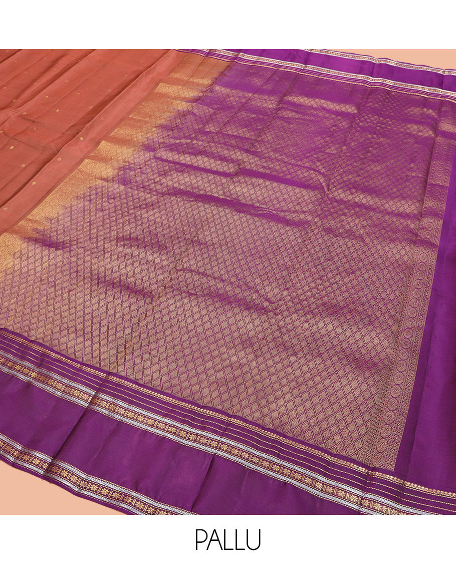 Rust Vasundhara Lite Silk Mix Saree Adorned with Rudraksham Buttas, Complemented by Contrast Varisai Pettu Border of Thilakam Mokku, Muthu, Kathir, and Star Vanki Designs, Pallu of Jaal Designs, and Paired with a Contrast Blouse