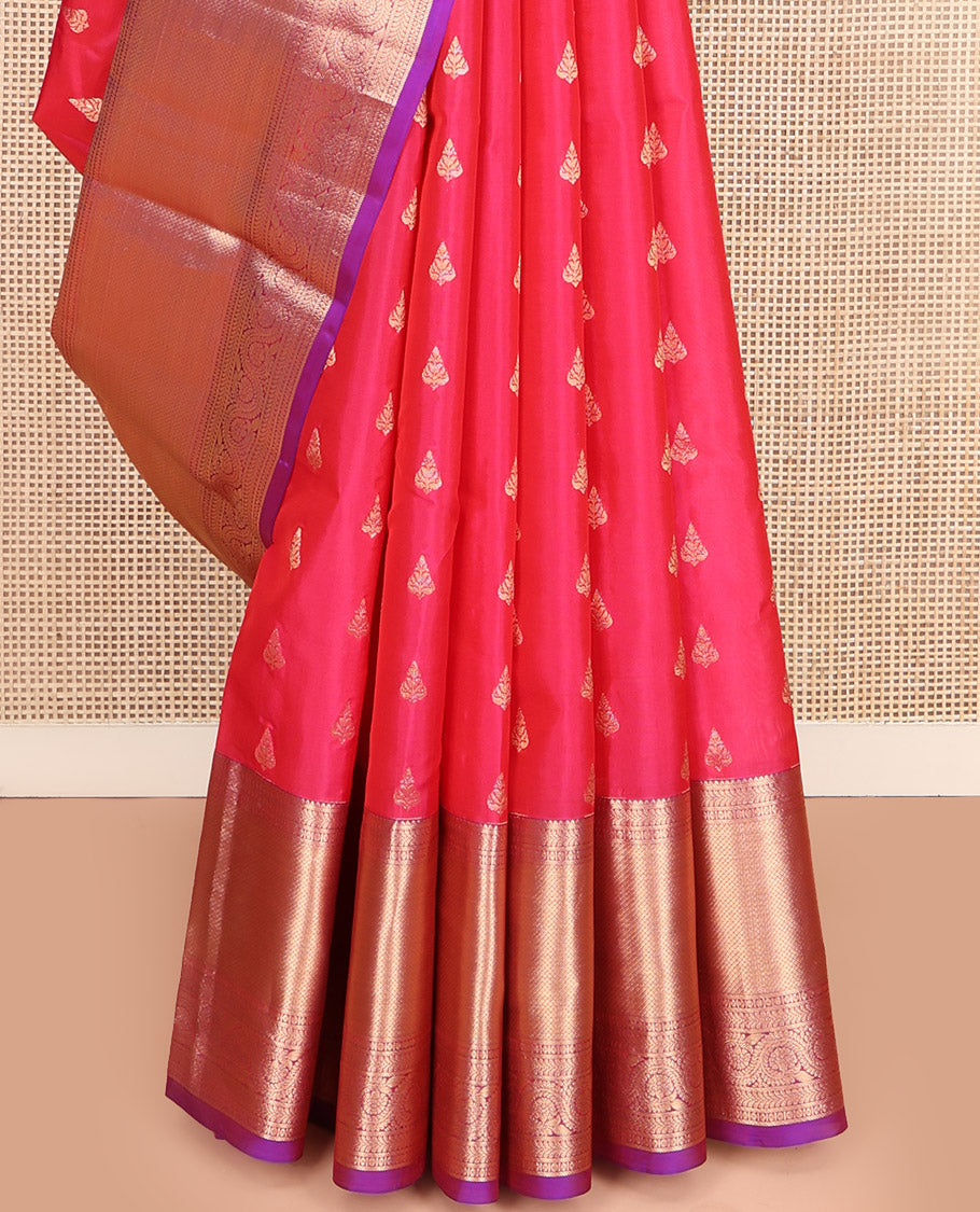 Pink Vasundhara Lite Silk Mix Saree, Accentuated with Zari Buttas All Over Its Body, Complemented by a Contrast Border of Rekku, Kathir, Mayil Kann, and Dhavana Kodi Designs, Gracefully Decorated Pallu of Jaal Designs, and Paired with a Contrast Blouse