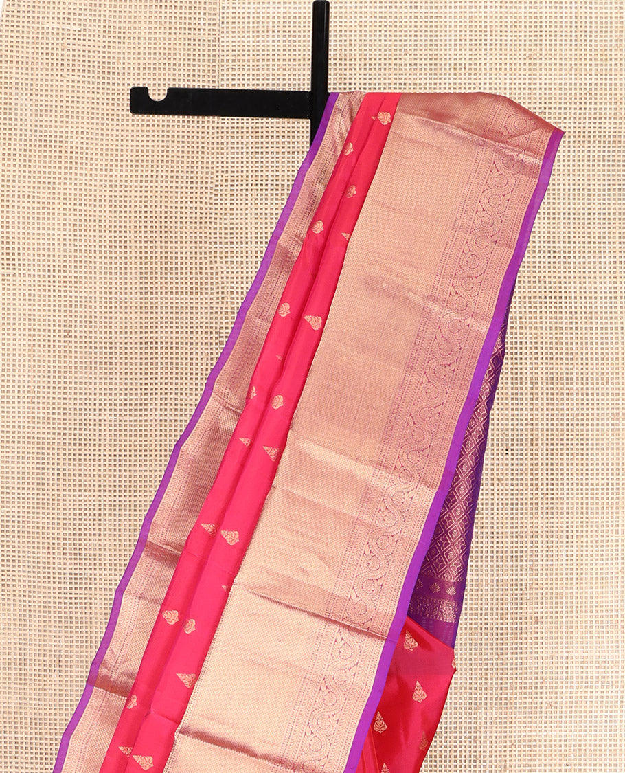 Pink Vasundhara Lite Silk Mix Saree, Accentuated with Zari Buttas All Over Its Body, Complemented by a Contrast Border of Rekku, Kathir, Mayil Kann, and Dhavana Kodi Designs, Gracefully Decorated Pallu of Jaal Designs, and Paired with a Contrast Blouse
