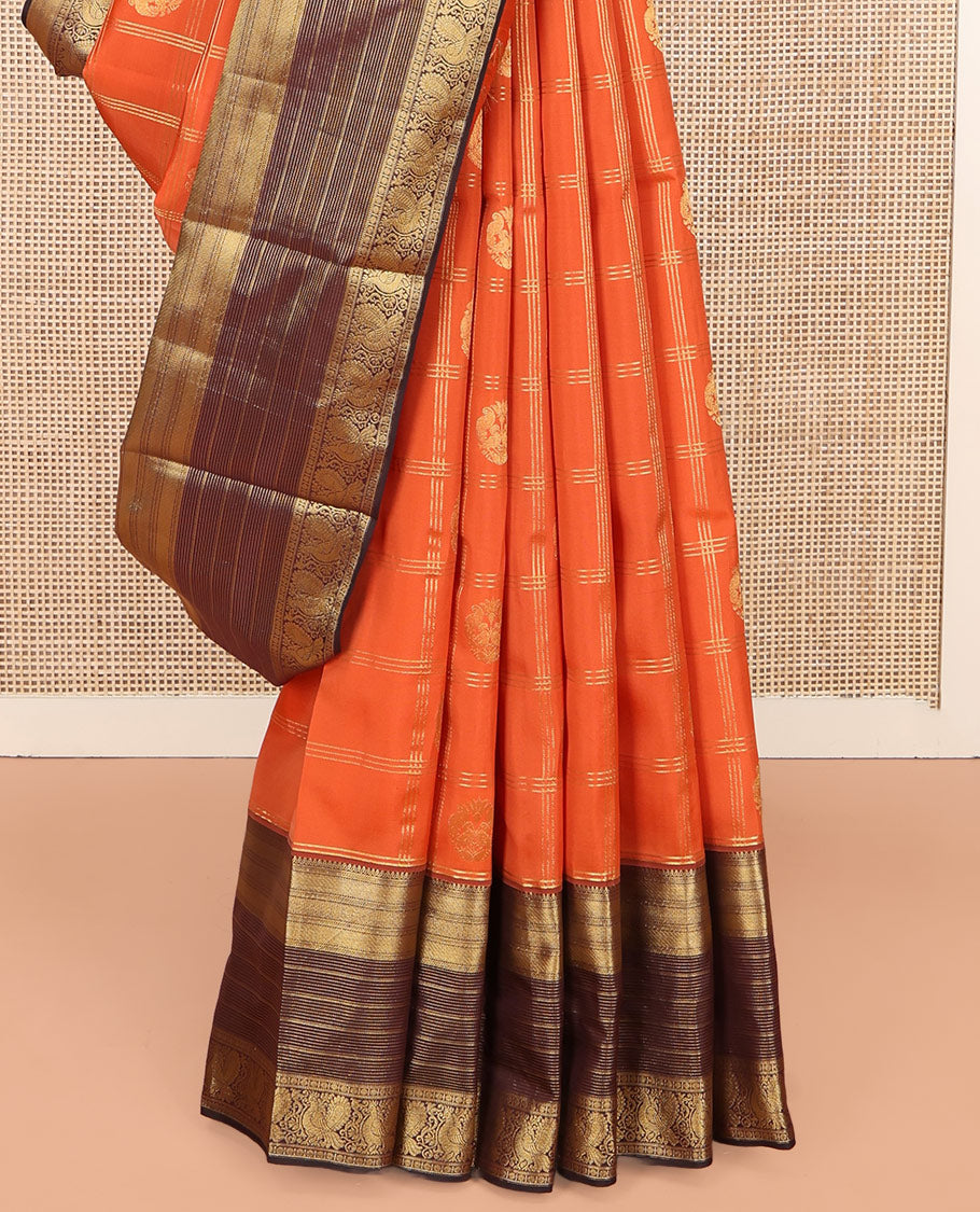 Orange Vasundhara Lite Silk Mix Saree, Adorned with Zari Butta Enclosed in Checks on Its Body, Complemented by a Contrast Border of Traditional Designs, a Grand Intricately Checked Pallu, and Paired with a Contrast Blouse