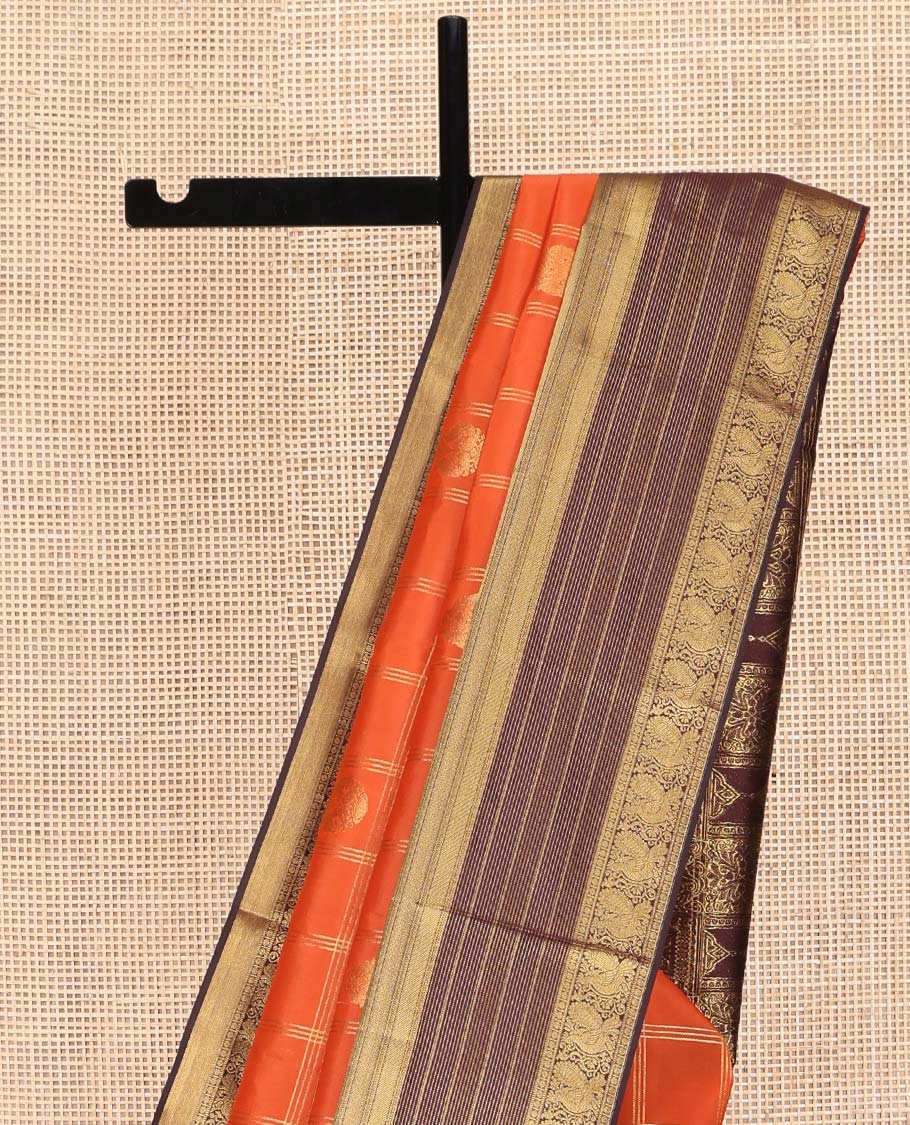 Orange Vasundhara Lite Silk Mix Saree, Adorned with Zari Butta Enclosed in Checks on Its Body, Complemented by a Contrast Border of Traditional Designs, a Grand Intricately Checked Pallu, and Paired with a Contrast Blouse