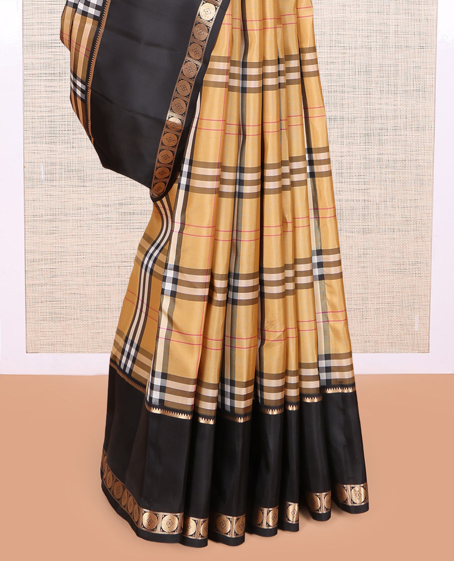 Brown Burberry-Checked Vasundhara Lite Silk Mix Saree, a Contrast Traditional Border, and a Contrast Blouse