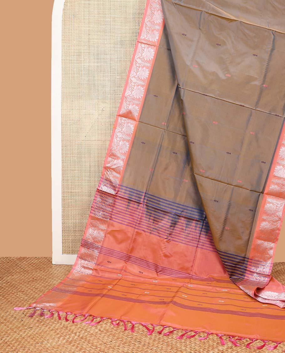 Brown motifs banana pith saree with contrast floral design border & striped, floral motifs pallu
