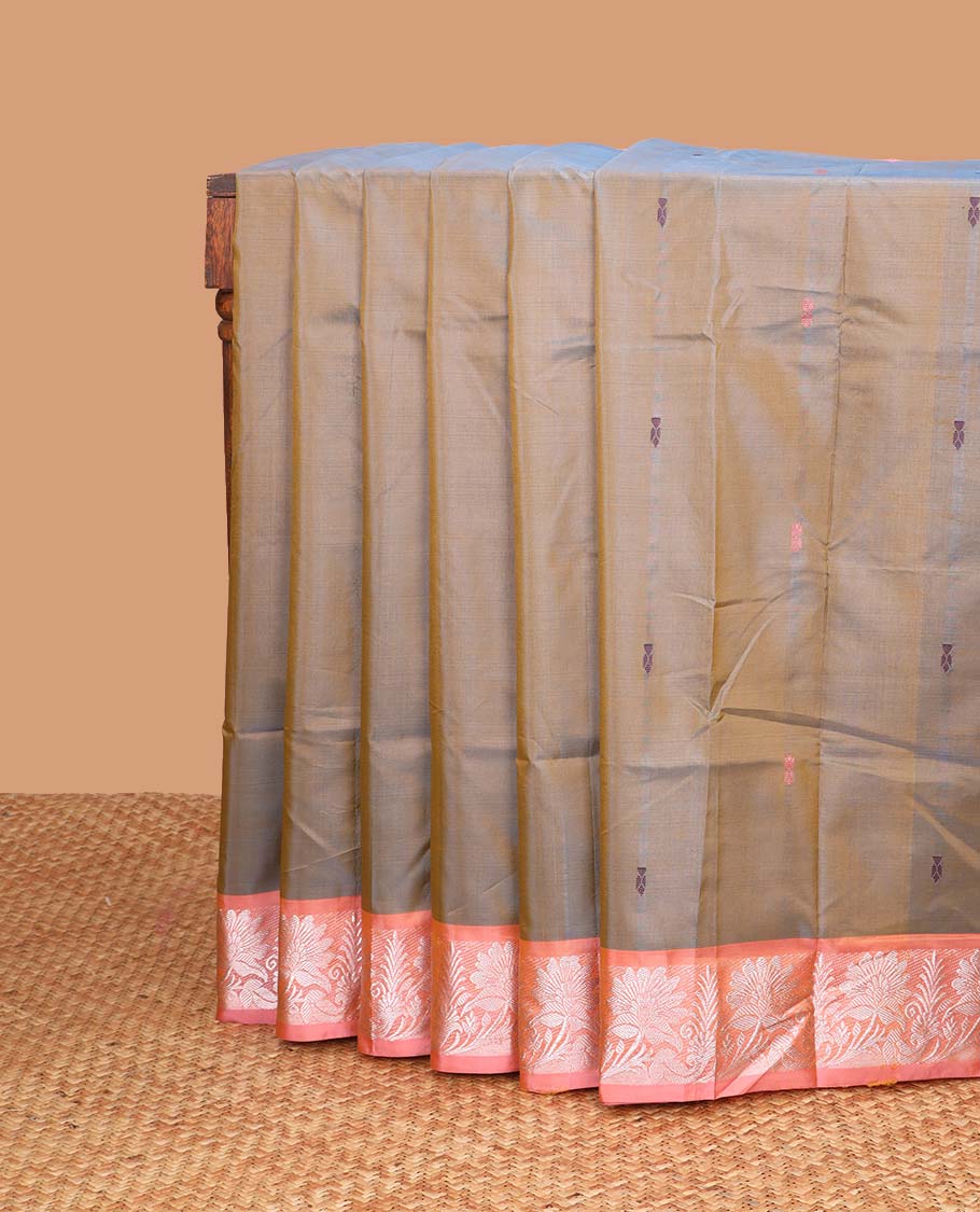 Brown motifs banana pith saree with contrast floral design border & striped, floral motifs pallu