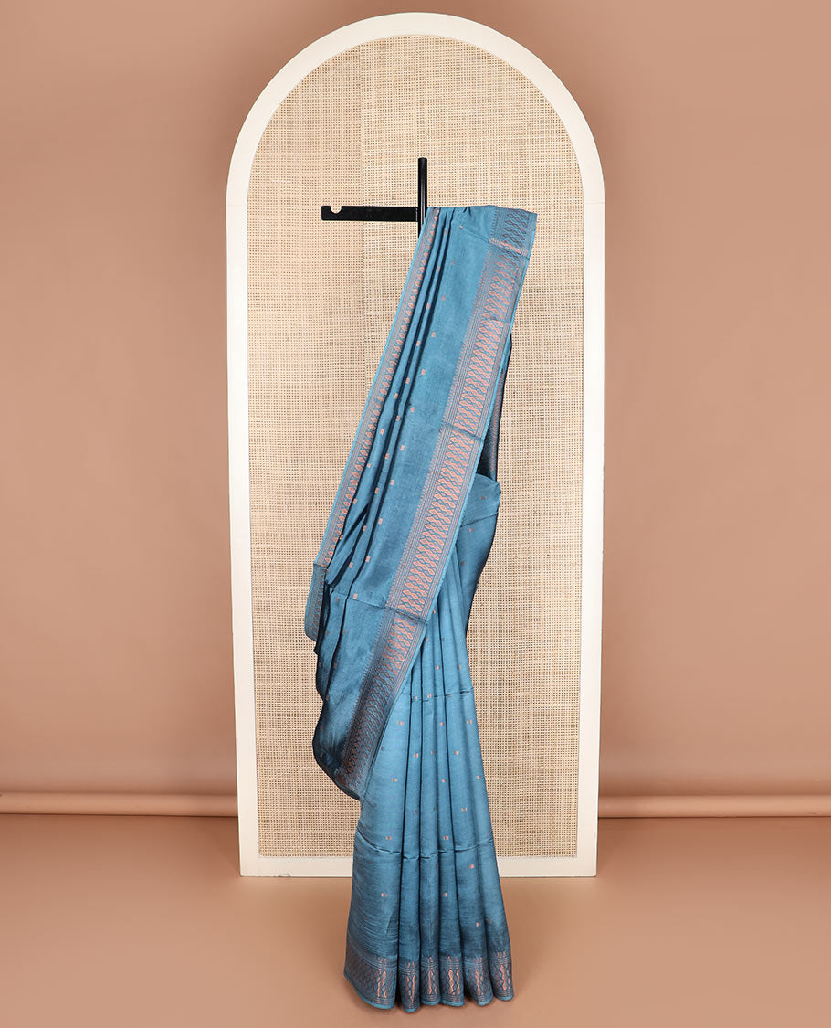 Blue buttas banana pith saree, zari border, and zari striped pallu