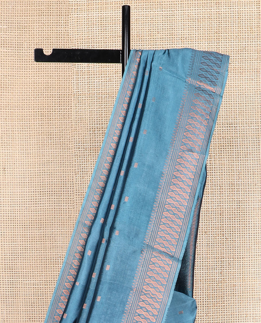 Blue buttas banana pith saree, zari border, and zari striped pallu