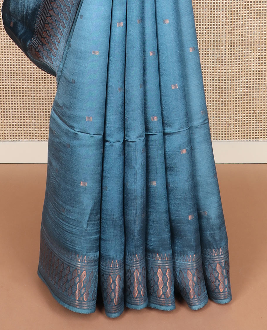 Blue buttas banana pith saree, zari border, and zari striped pallu