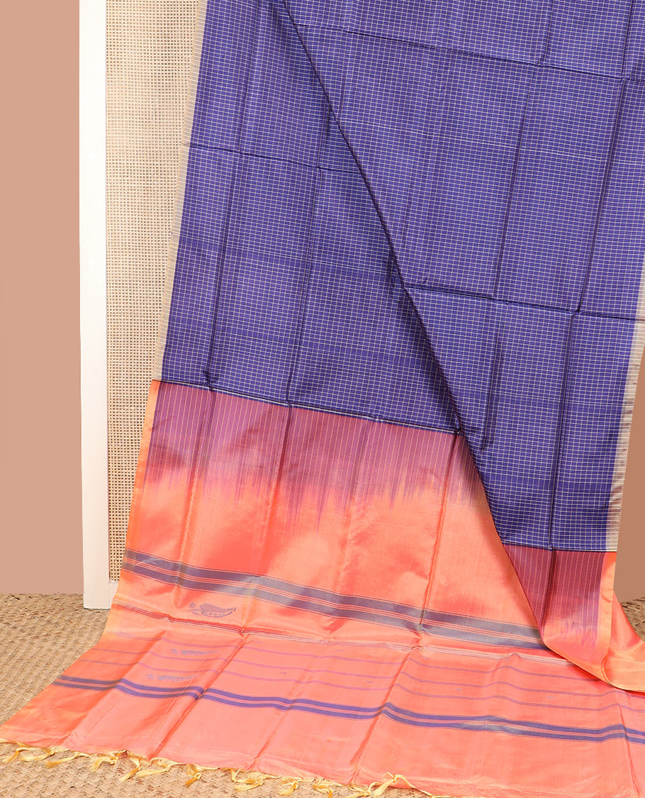 Borderless blue micro-checked banana pith saree, contrast pallu of stripes, and buttas