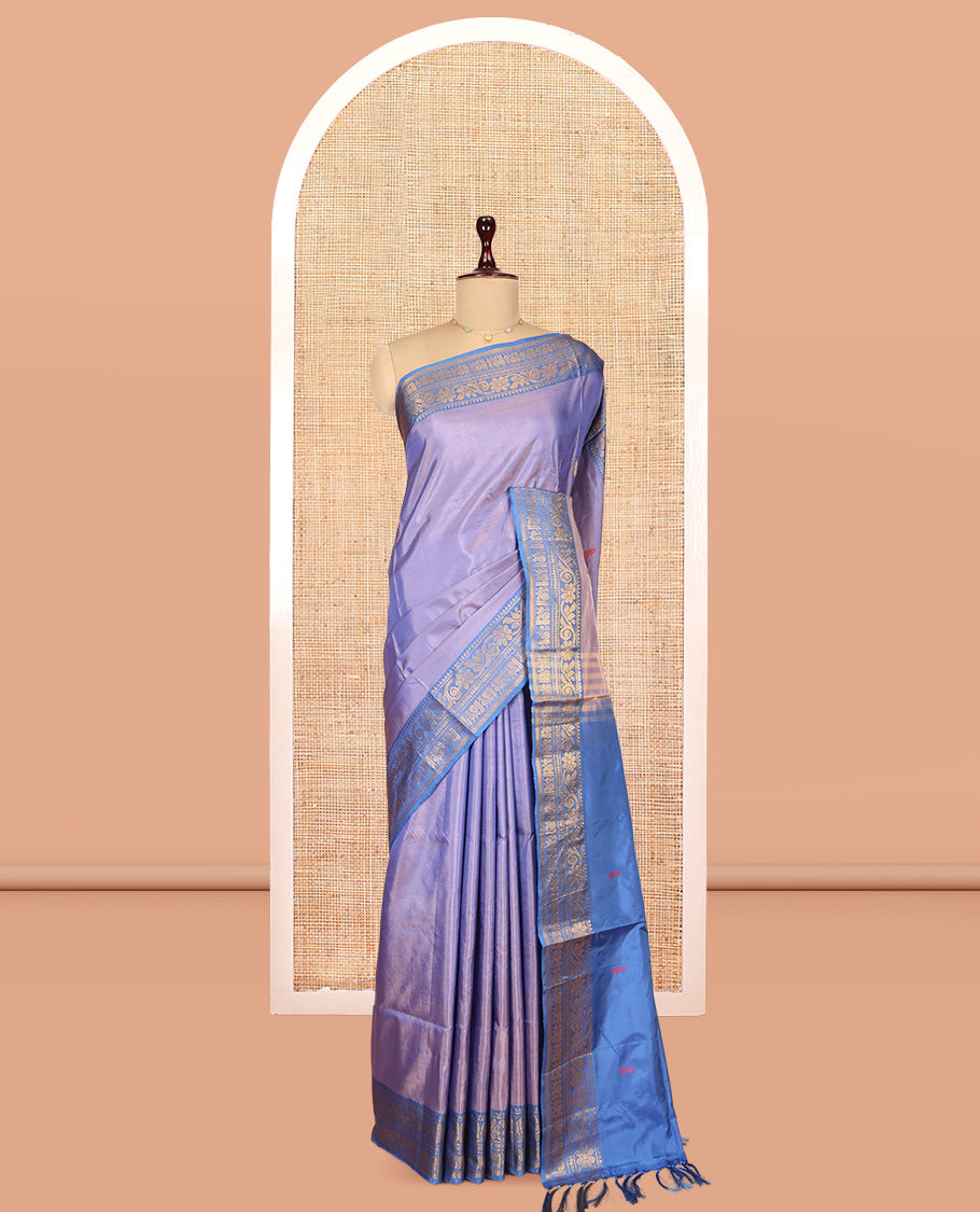 Violet Banana Pith Saree, Woven with Thread Buttas, a Contrast Traditional Zari Border, Pallu of Buttas, and a Contrast Blouse