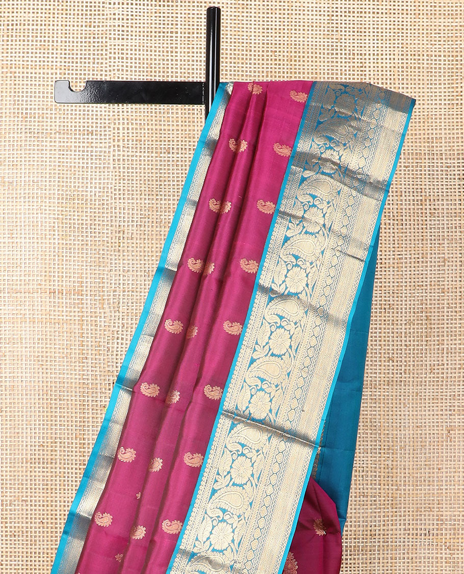 Purple leaf buttas silk saree with contrast zari design border & floral jaal design pallu