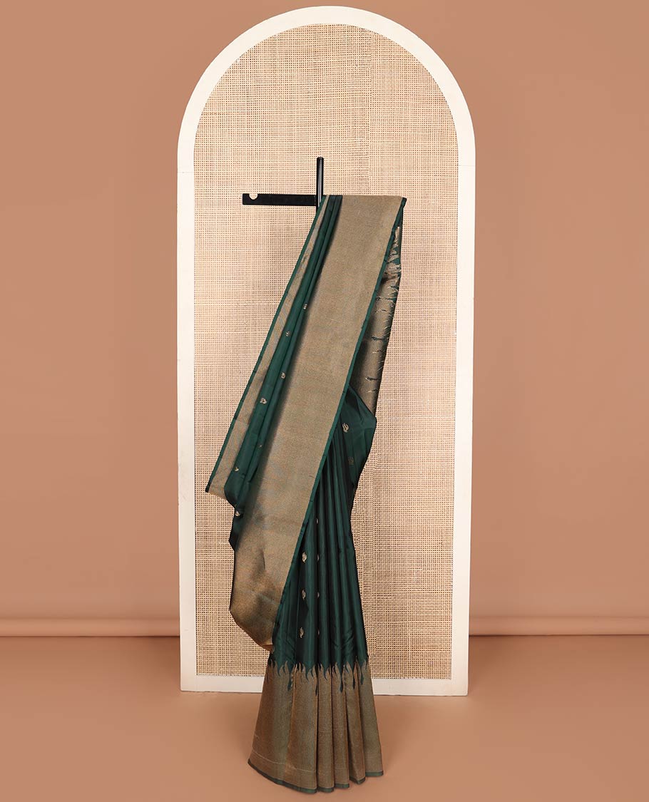Green buttas silk saree with self zari design border & striped pallu