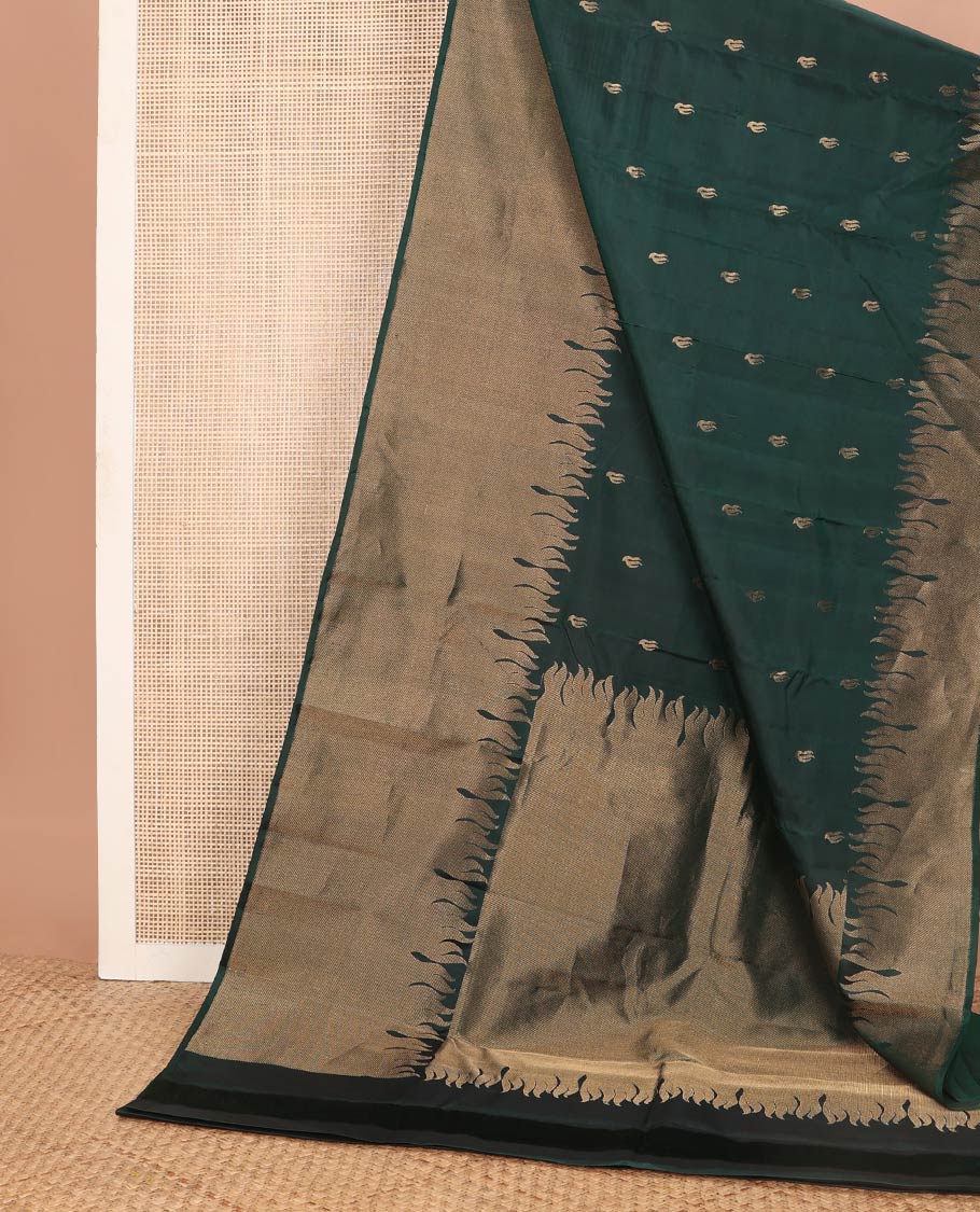 Green buttas silk saree with self zari design border & striped pallu