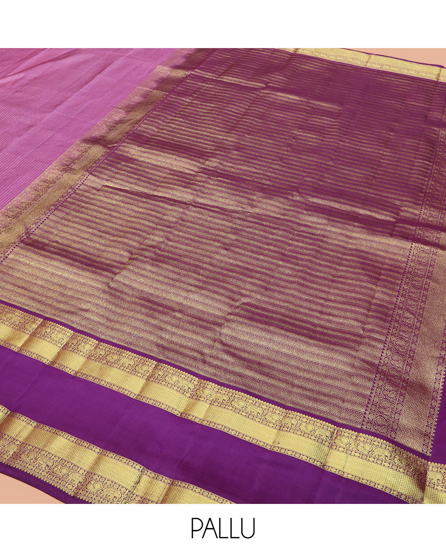 Pink Vasundhara Silk Saree Accentuated with Zari Stripes, Complemented by a Contrast Border of Salangai, Rudraksham, Star, Kodi Mayil, Yaanai, and Mayil Kann Designs, Pallu Decked Up with Traditional Designs, and Paired with a Contrast Blouse