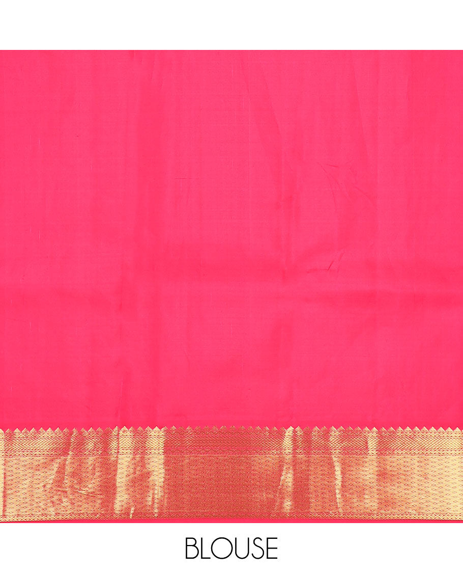 Green zari buttas silk saree, contrast border of rekku,neli,dhavana kodi,kathir & paiyaadi kann & scallop design pallu