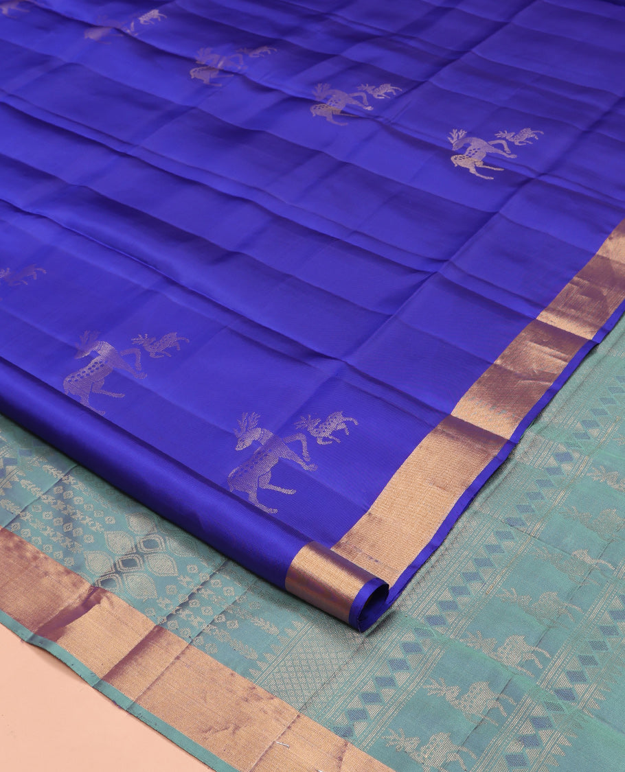 Blue Mayuri Lite Silk Mix Saree, Adorned with Maan Buttas, a Bavanji Border, Contrast Geometric Pallu, and a Contrast Blouse