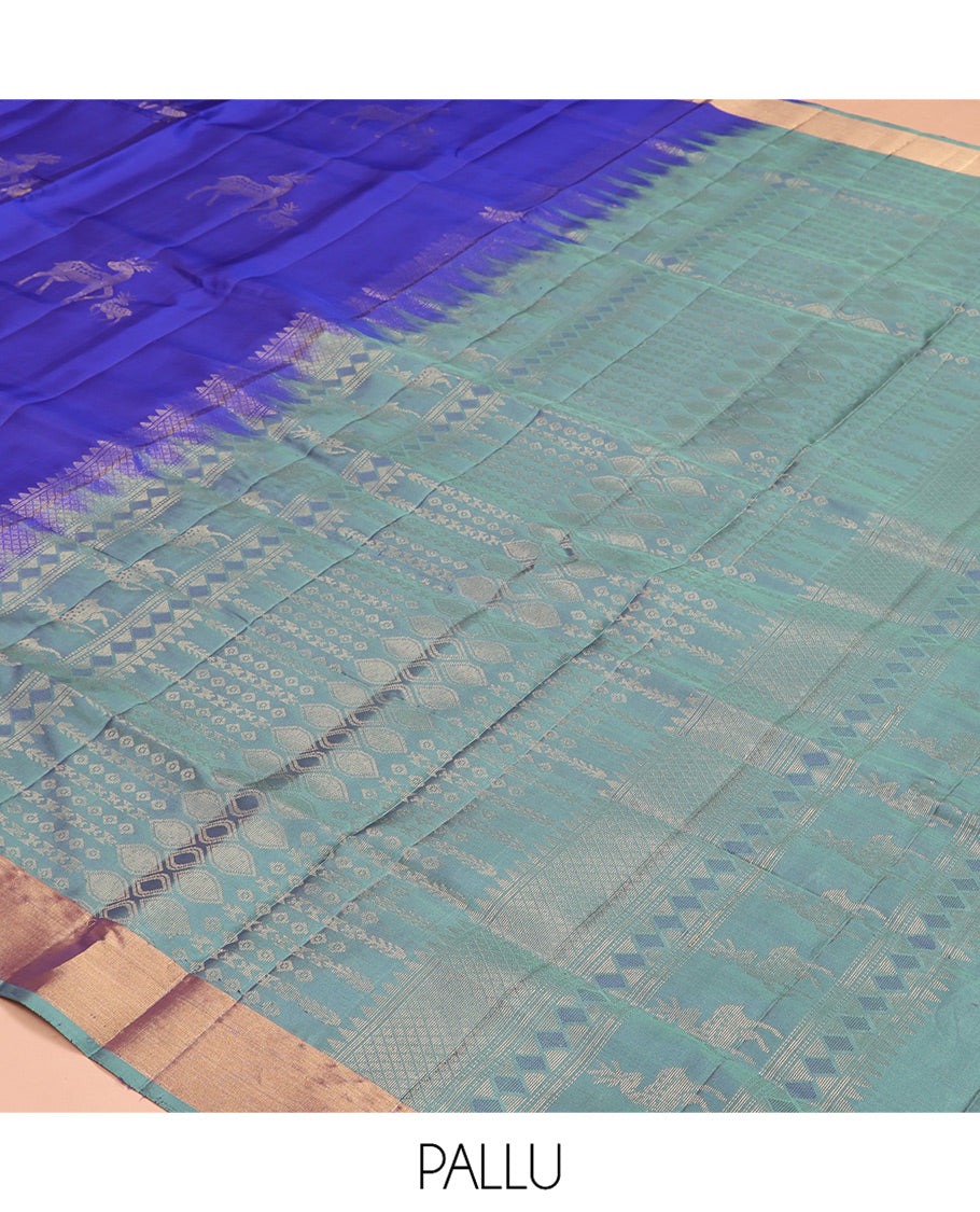Blue Mayuri Lite Silk Mix Saree, Adorned with Maan Buttas, a Bavanji Border, Contrast Geometric Pallu, and a Contrast Blouse