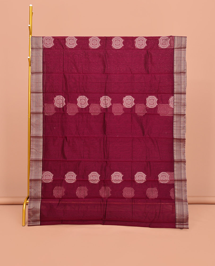 Red Semi-Silk Cotton Saree, Delicately Designed with Buttas All Over Its Body, Subtle Traditional Design Self-Border, Intricately Designed Pallu, and Paired with a Matching Blouse
