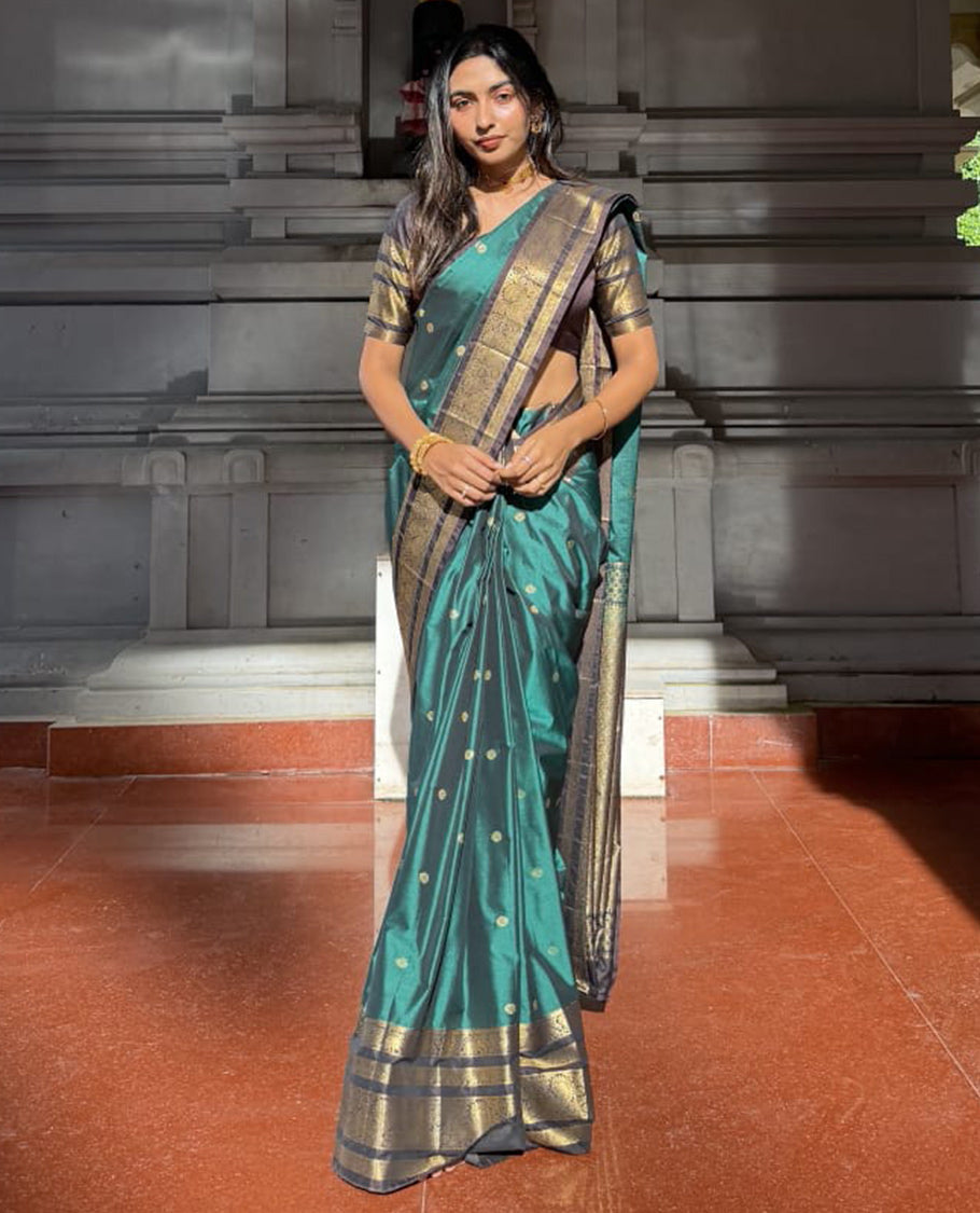 Green Budget Silk Saree with Zari Buttas, a Contrast Traditional Zari Border, Grand Pallu,Contrast Blouse