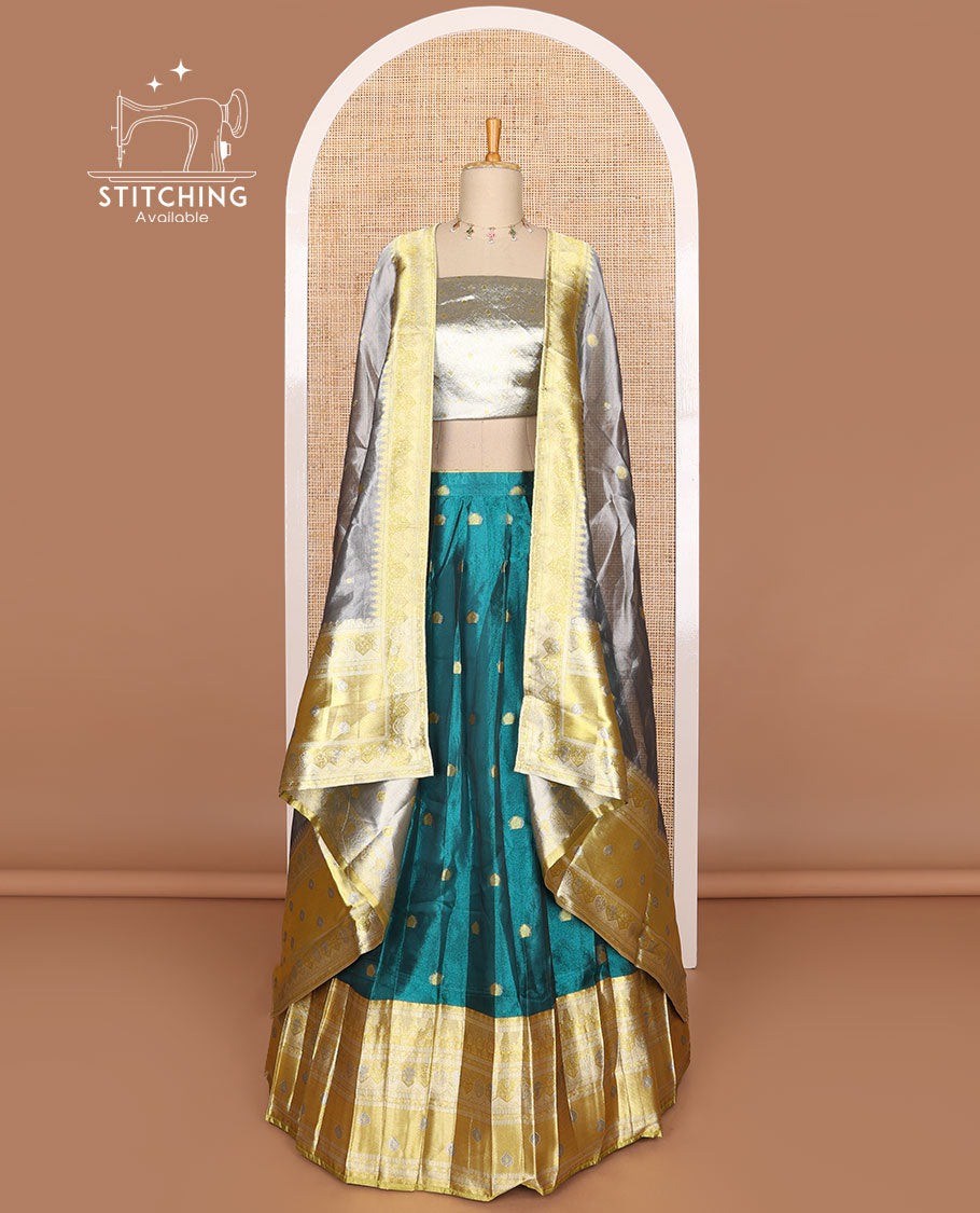 Blue buttas tissue half saree with contrast zari design border, zari design blouse & floral design dhavani