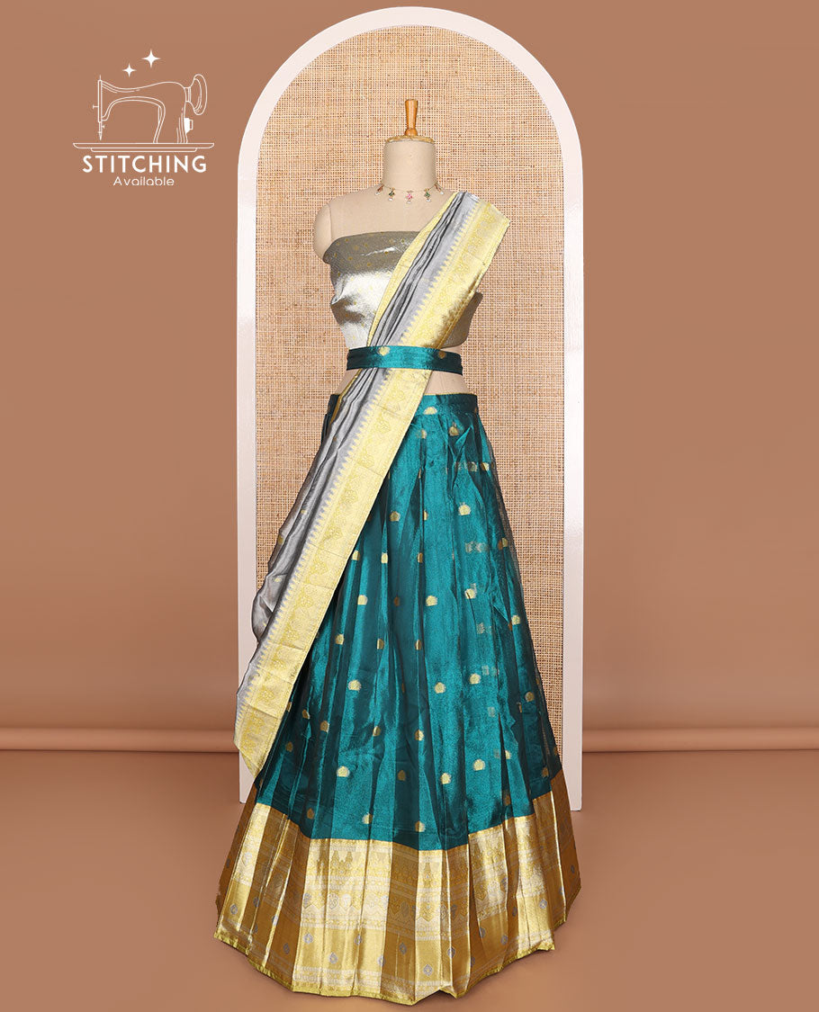 Blue buttas tissue half saree with contrast zari design border, zari design blouse & floral design dhavani