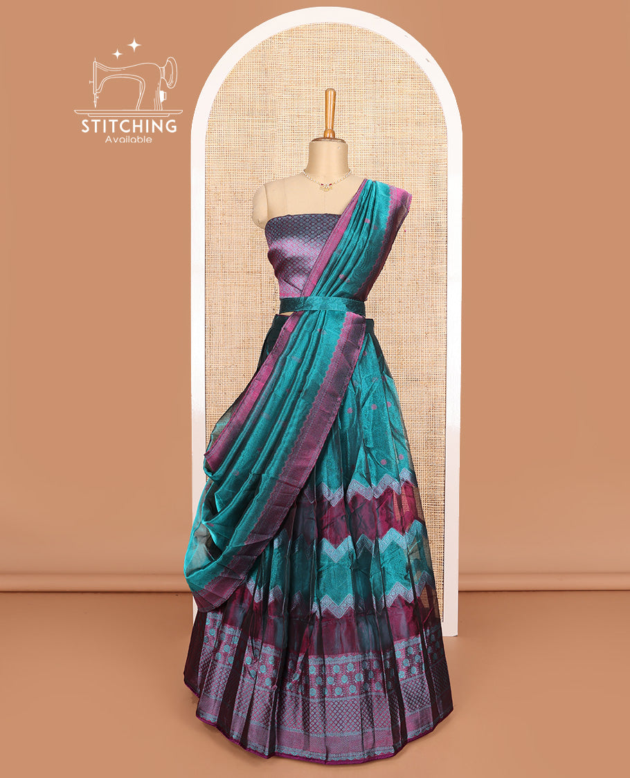 Blue art silk half-saree, buttas, and chevron design with traditional motifs border skirt, brocade blouse, traditional motifs thread woven dhavani, and detachable belt