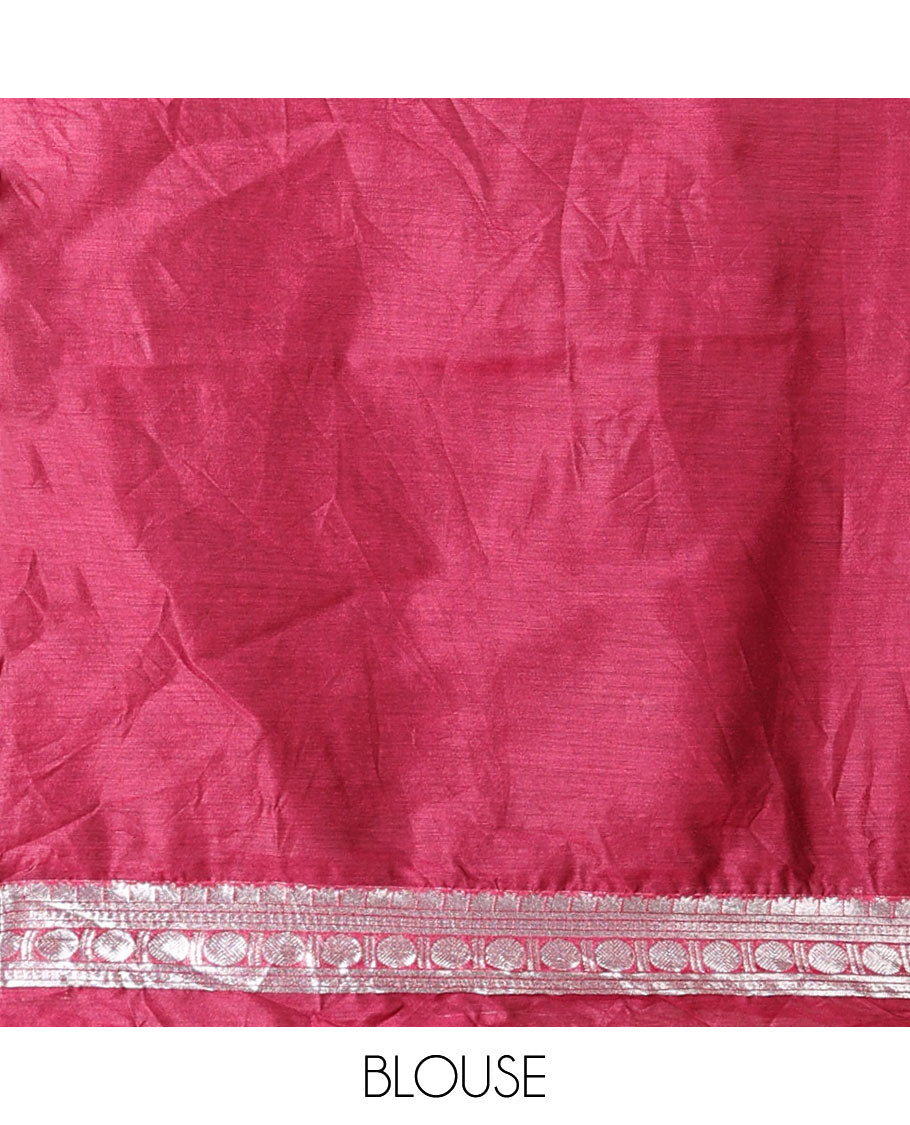 Green art-silk half-saree, plain with contrast temple traditional design bordered skirt, contrast blouse, and plain zari bordered dhavani