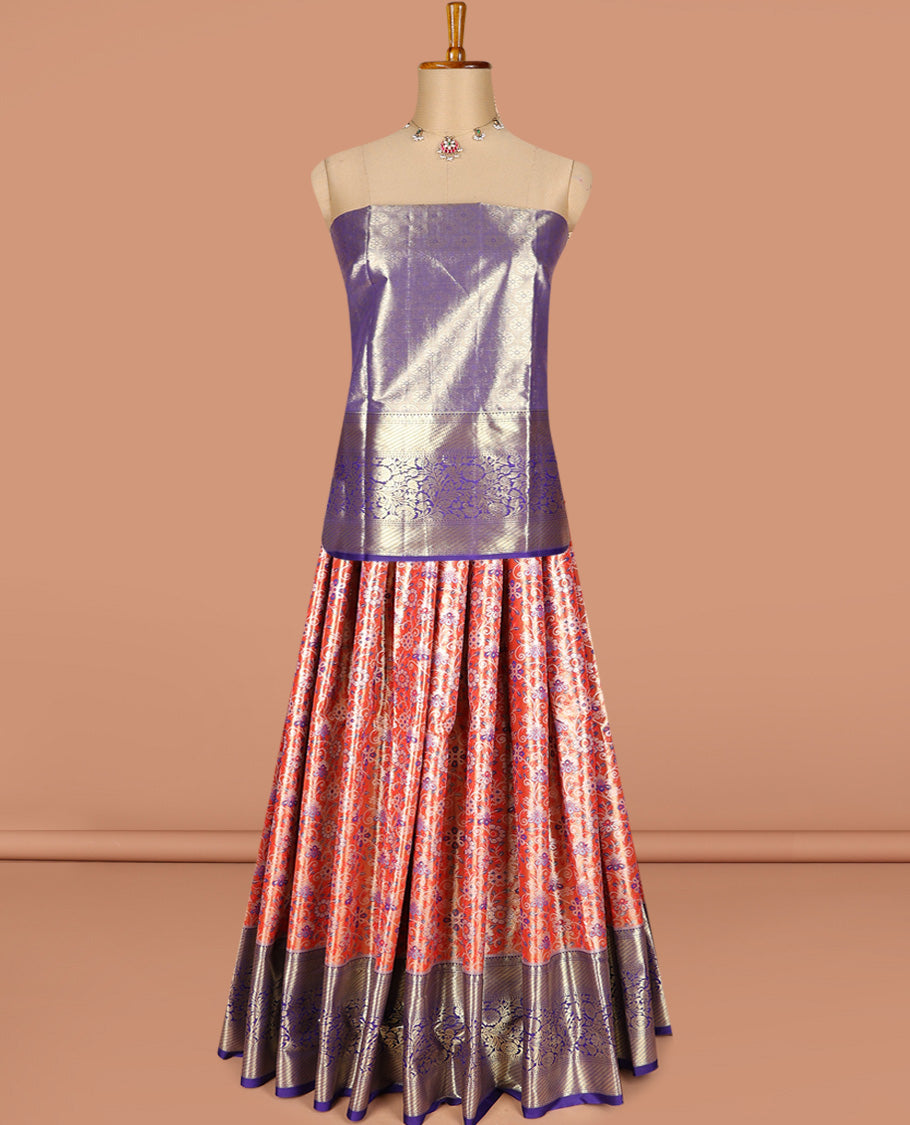 Red art silk half-saree pavadai material, jacquard with contrast traditional border skirt, jacquard blouse, and zari design dhavani